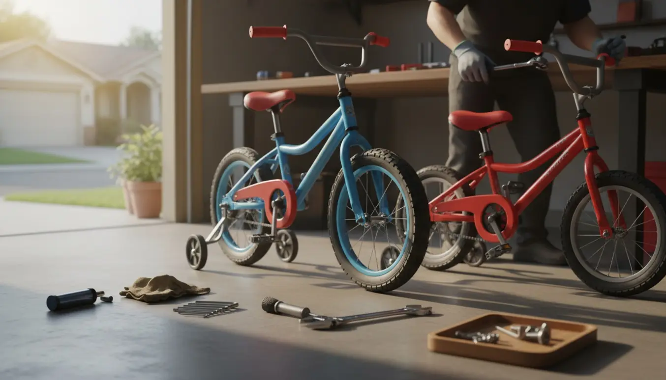 Hænder justerer to næsten færdigmonterede børnecykler på en garagearbejdsplads med værktøj rundt om.
