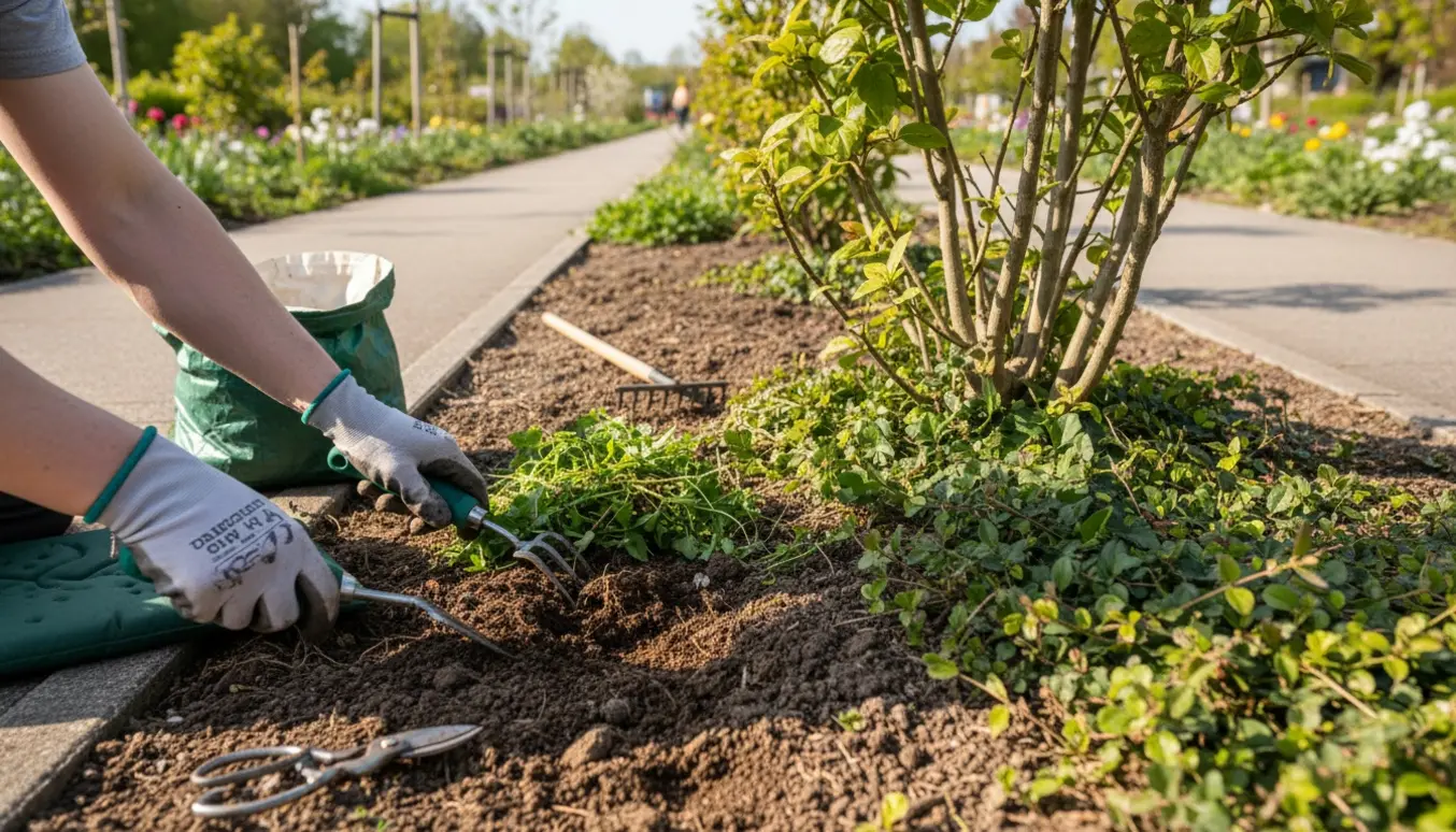 Hænder fjerner ukrudt fra et langt bed ved fortovet, med store buske og bunddække bevaret.