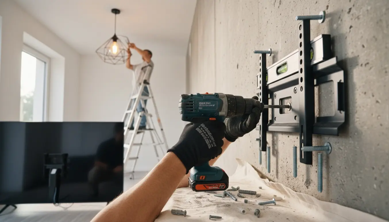 Håndværker monterer fladskærm på betonvæg og tilslutter en loftlampe i entréen.