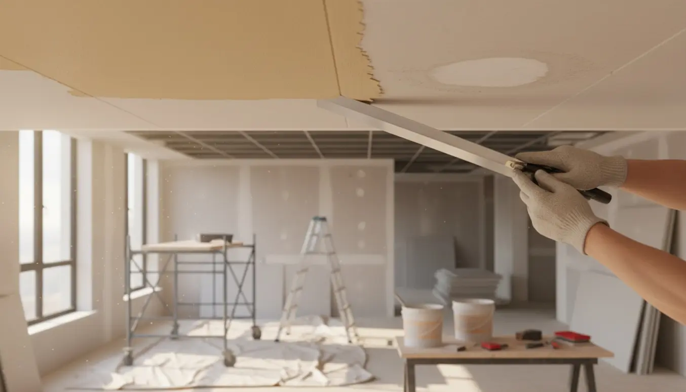 Nærbillede af spartling af gipsloft med værktøj og stillads i tilstødende rum, klar til maling.