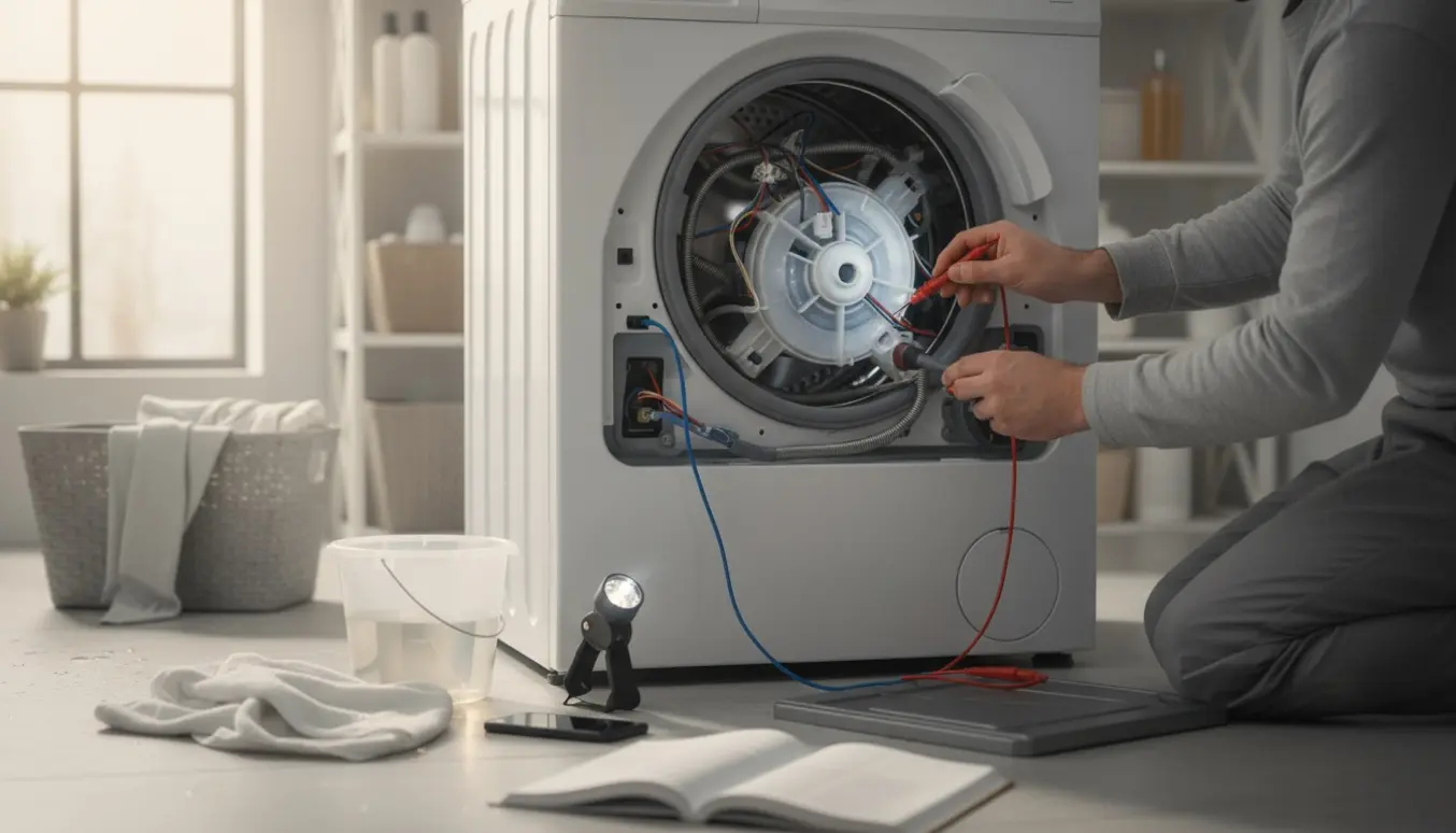 Hænder inspicerer en åben frontbetjent vaskemaskines pumpe med multimeter og skruetrækker i et lyst vaskerum.
