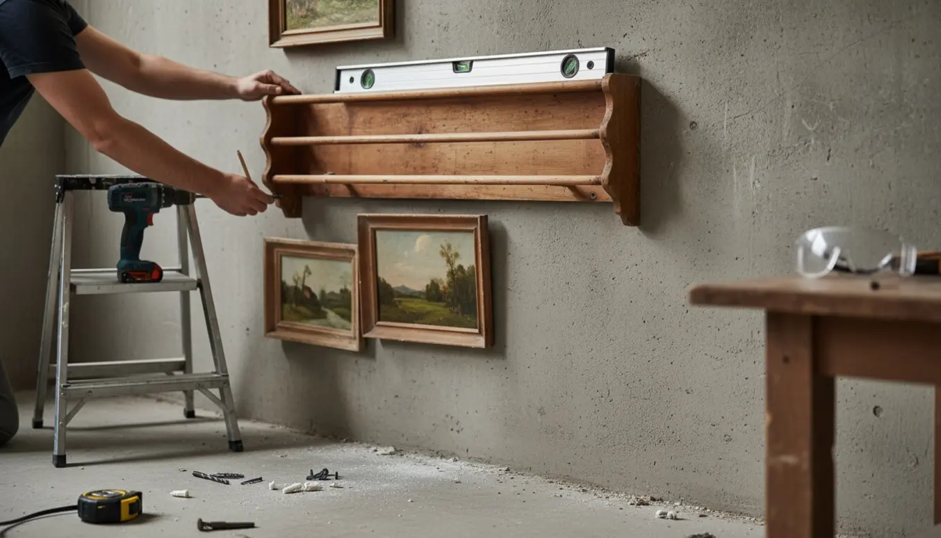 Hænder monterer en gammel tallerkenrække og hænger to indrammede billeder på en rå betonvæg med slagboremaskine og værktøj.