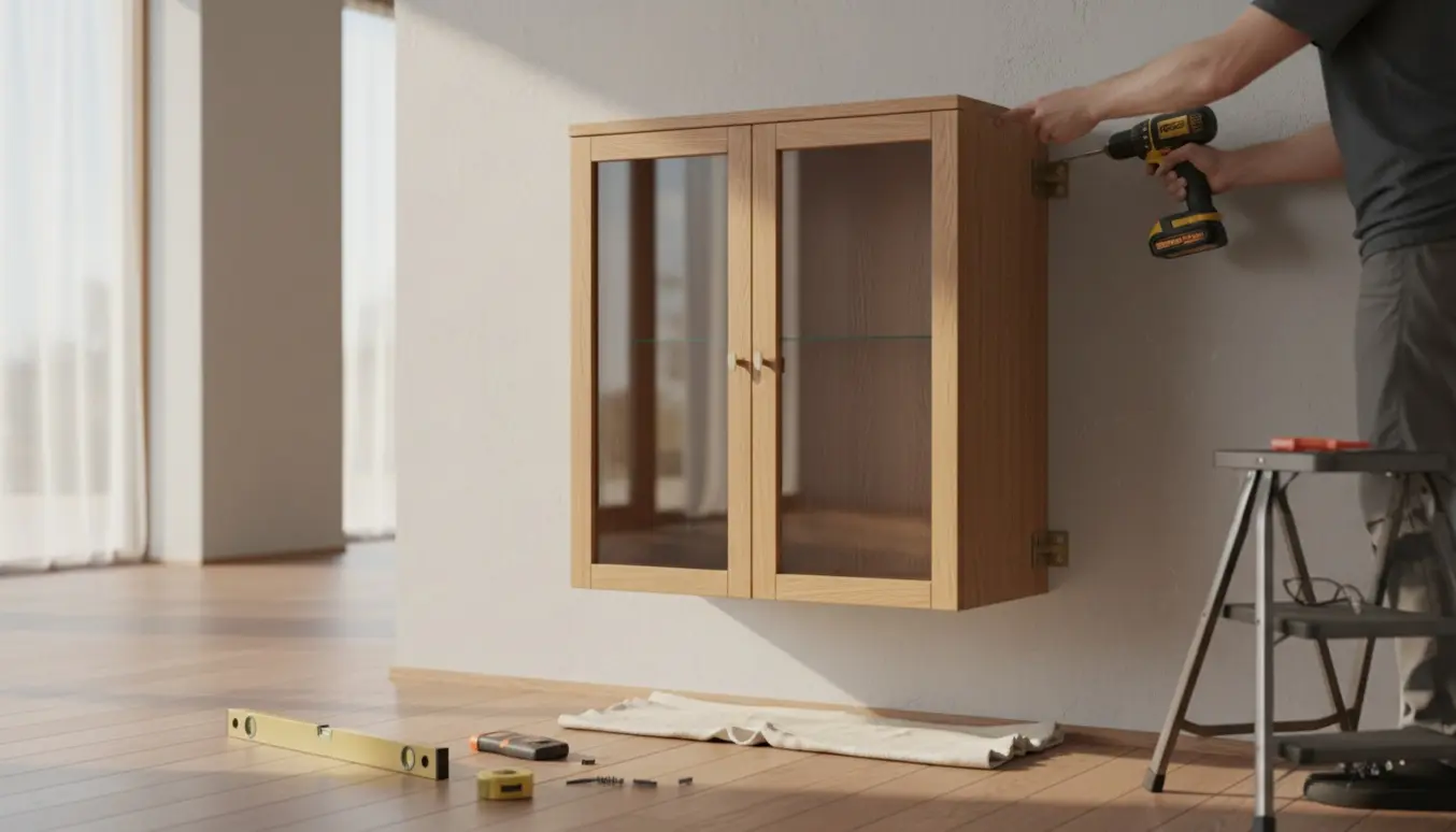 Hænder monterer en glasvitrine på en lys væg med boremaskine, vaterpas og målebånd.