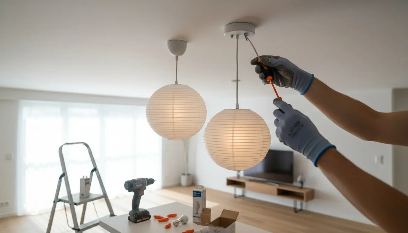 Hænder tilslutter ledninger til to rispapirslamper, med stige og værktøj i et lyst, enkelt rum.