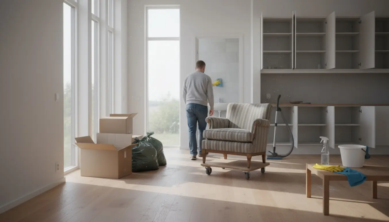 Åbent rækkehus under fraflytningsrydning med møbler på flyttevogn, sække med affald og rengøringsudstyr klar til slutrengøring.