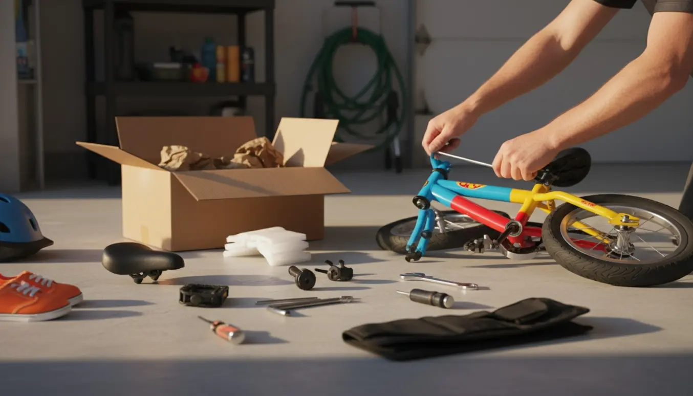 Voksne samler en ny børnecykel i sollys på indkørslen med værktøj og løse dele.