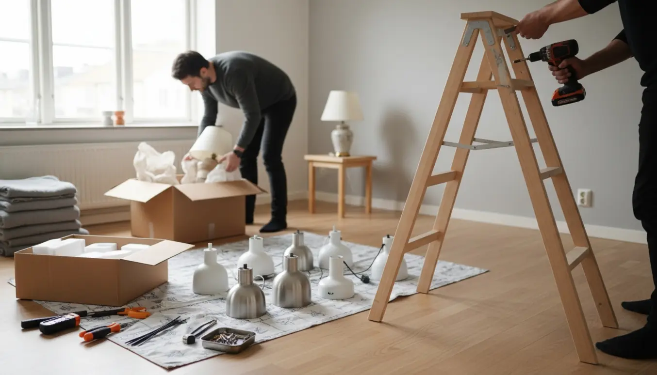 Hænder monterer en loftslampe i en lys, skandinavisk lejlighed med værktøj og otte lamper lagt frem.