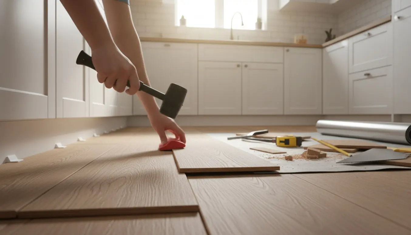 Nærbillede af klikgulvsinstallation i et lille køkken med hænder og værktøj ved planker.