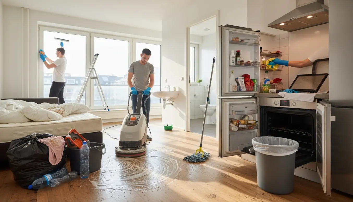 Rengøringsscene i lejlighed med håndtag, gulvrengøringsmaskine, fyldte affaldssække, åben køleskab og vinduespudser.