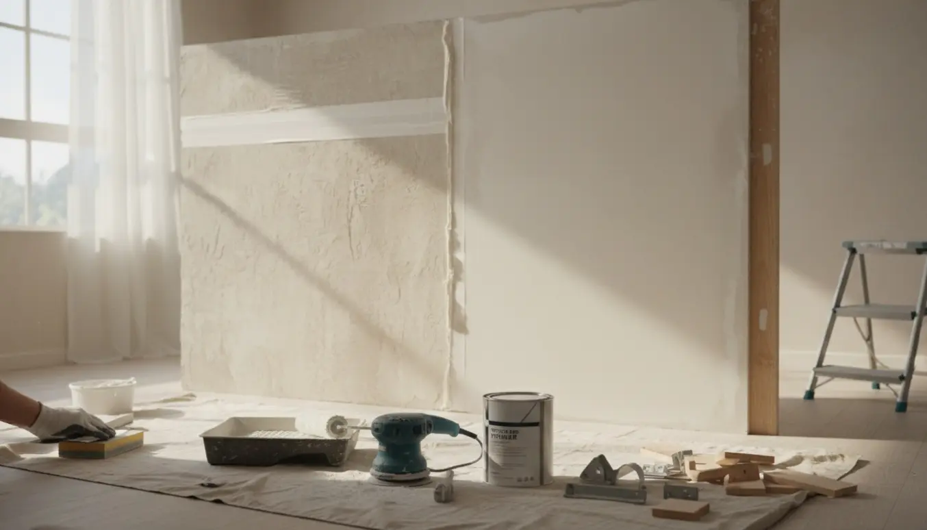 Hænder spartler og forbereder en to meter bred skillevæg med filt og maling i et lyst rum.