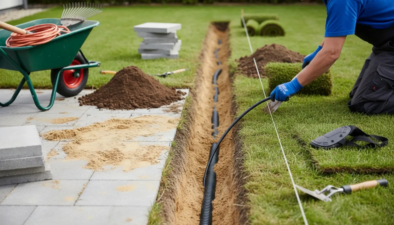 Åben grøft i baghave med elkabel i rør, fjernede fliser og rullet græstørv klare til tilbagefyldning.