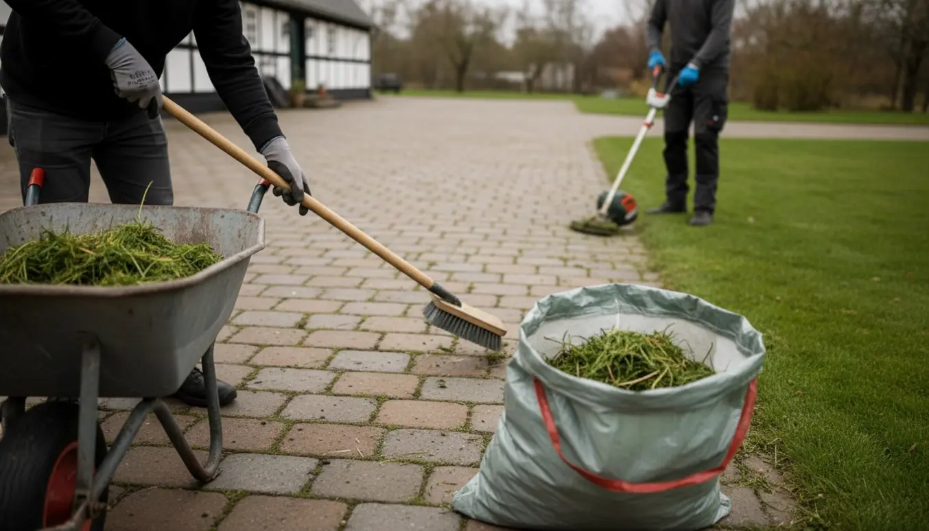 Hænder fjerner ukrudt mellem herregårdssten med kanttrimmer og trillebør fyldt med haveaffald.