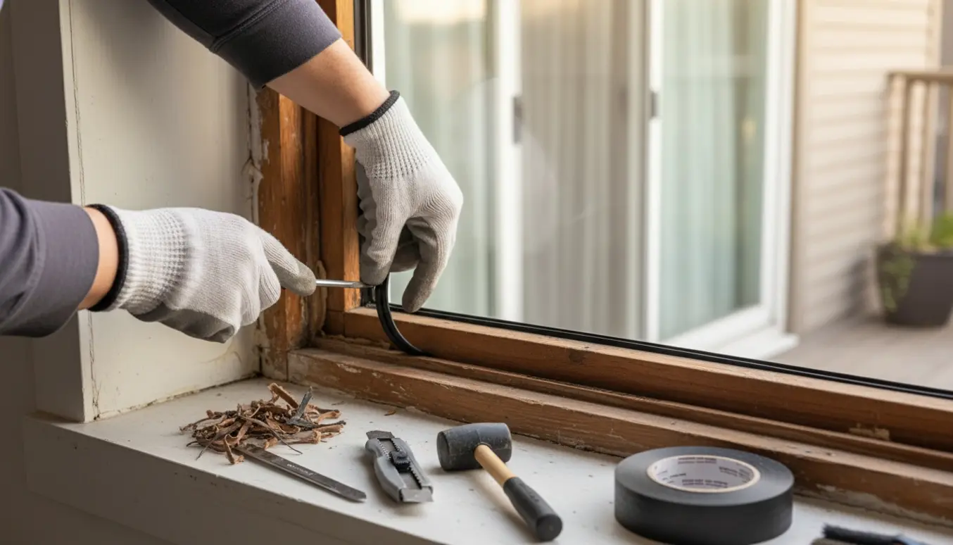 Nærbillede af hænder der udskifter tætningsliste i en trævinduesramme med værktøj og terrassedør i baggrunden.