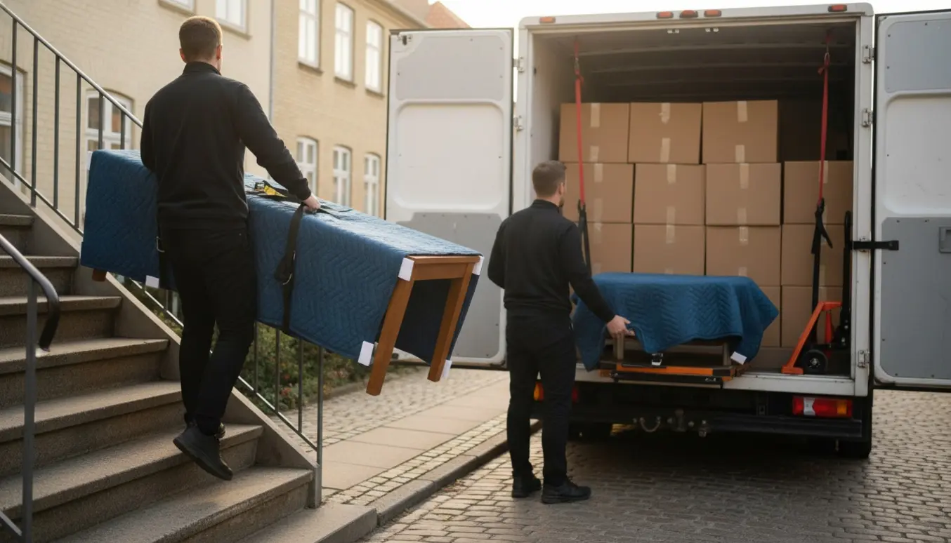 Flyttefolk bærer et sofabord og et spisebord op ad en trappe ved en åben flyttebil i blødt eftermiddagslys.