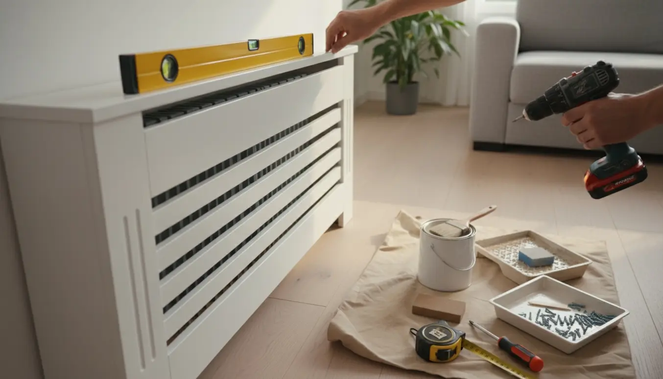 Håndværker monterer en hvid speciallavet radiatorskjuler i en lys stue med værktøj og malergrej ved siden af.