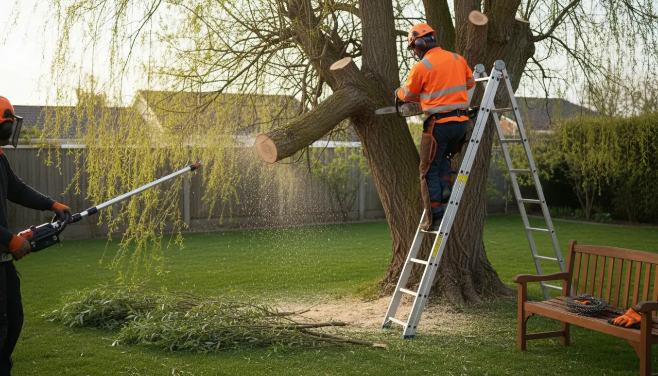 Personer fjerner alle grene fra et piletræ med motorsav og stige i en have, grene samlet i bunker.