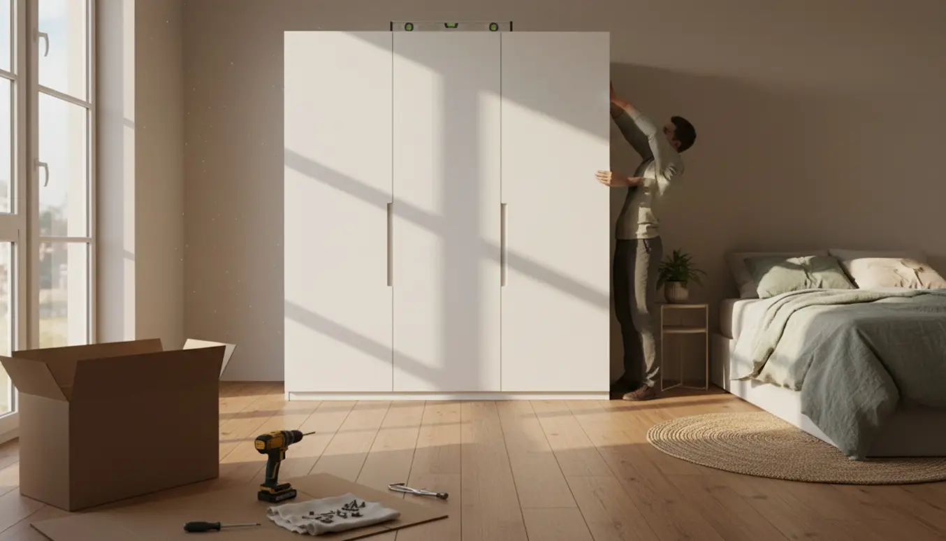 Et hvidt, fritstående Pax-klædeskab i et lyst soveværelse med værktøj og kasser ved siden af.