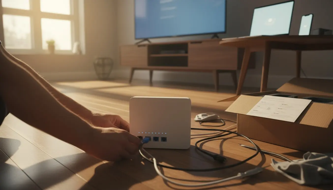 Hænder sætter et netværkskabel i en router i en stue under opsætning af tv og internet.