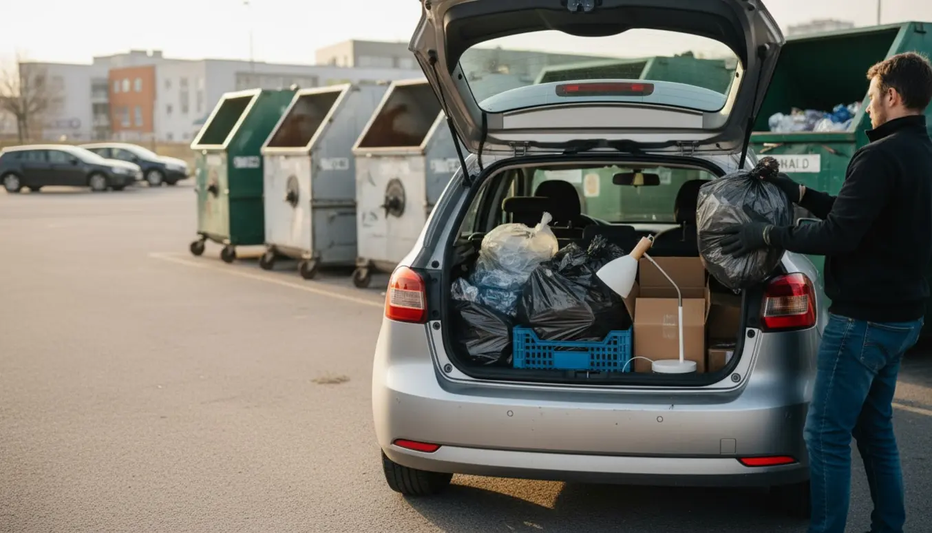Åben bils bagagerum ved en genbrugsstation med sorterede affaldsposer og containere i baggrunden.