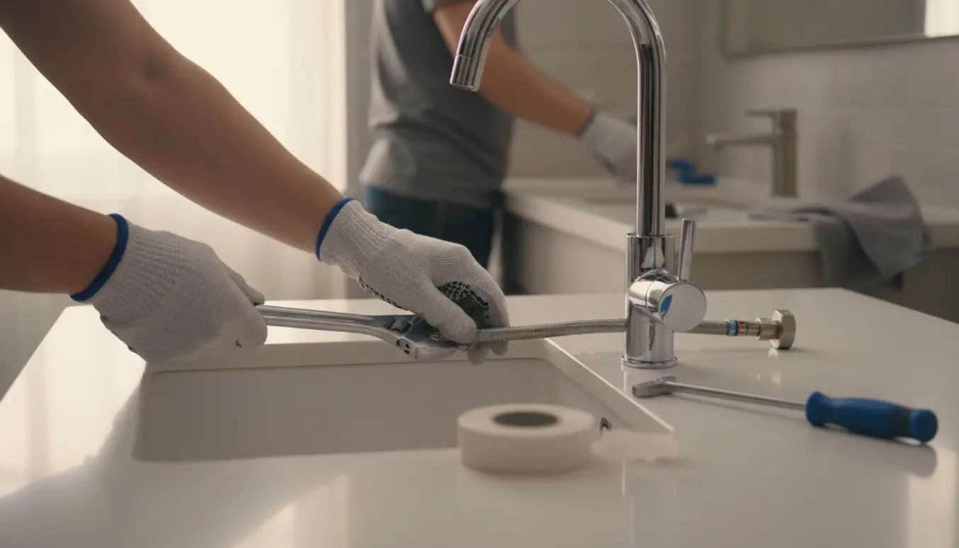 Nærbillede af installation af nyt køkkenarmatur med håndværkerhænder og værktøj, med badeværelsesarmatur i baggrunden.