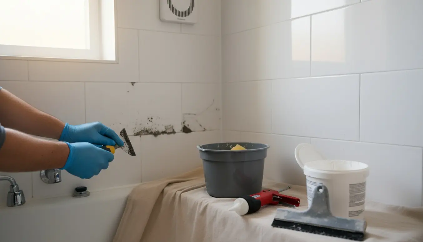 Nærbillede af udskiftning af skimmelsvamp i fuger i et lille badeværelse med handsker og værktøj.