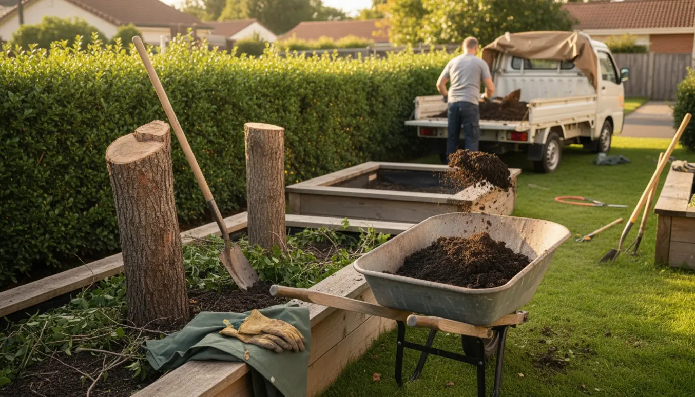 Trillebør fyldt med jord foran tre træstammer skåret ned til hækkens højde og en åben ladbil klar til bortkørsel.