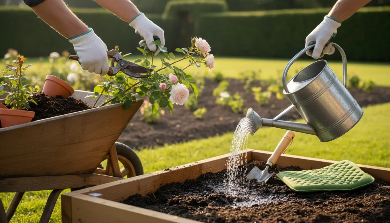 Nærbillede af havevedligeholdelse med handsker, beskærersaks, kompost i trillebør og en vandkande.