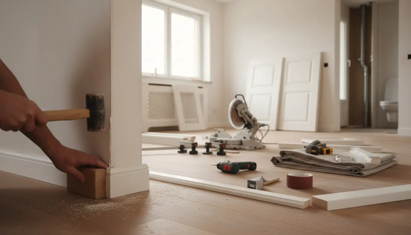 Tømrer monterer fodpaneler og dørkarme i en lejlighed under totalrenovering.