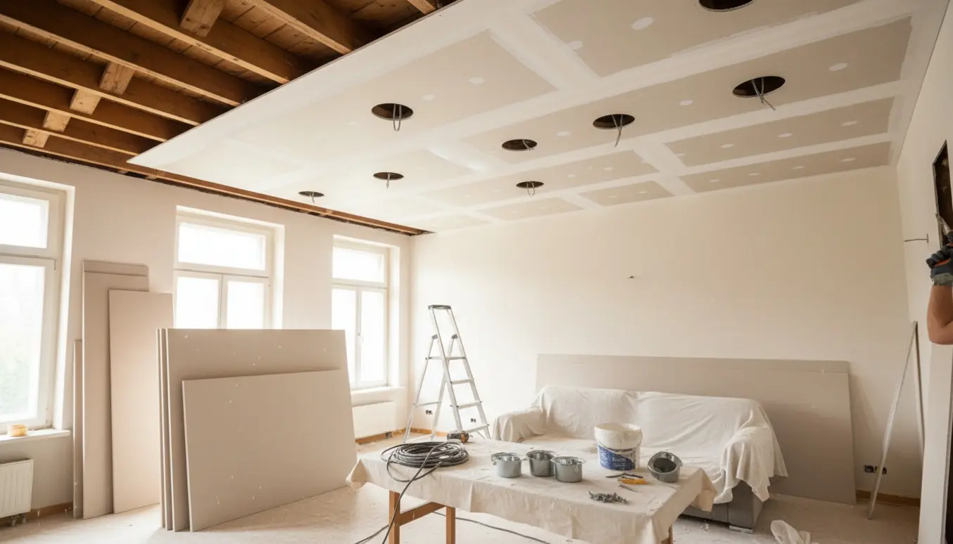 Nyt gipsloft med udskårne huller til spots i en stue under renovering.