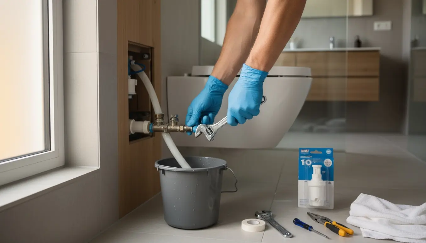 Nærbillede af åben cisternedel til et væghængt toilet, hvor hænder justerer påfyldningsventilen.