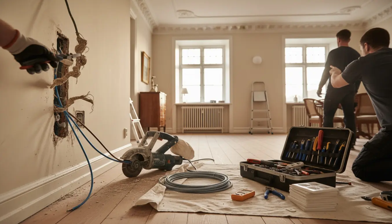 Nærbillede af elrenovering i en ældre Østerbro-lejlighed med håndværkerhænder, udskiftning af stofledninger og nye stikkontakter.