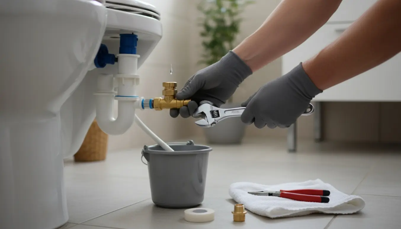 VVS-hænder udskifter en messing afspærringsventil ved et åbent toiletcistern.