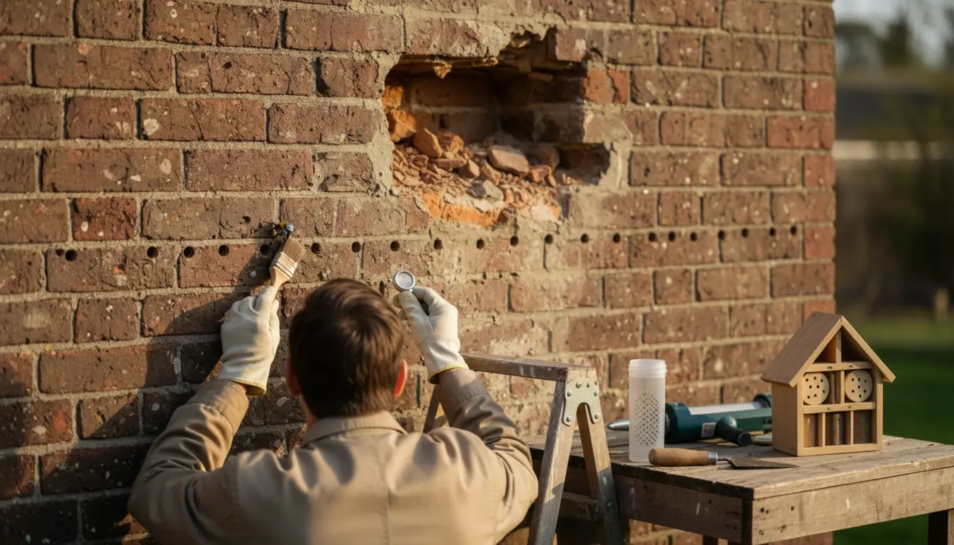 Nærbillede af murstensfacade med små runde huller og et større hul efter fjernet skorsten, en person inspicerer hullerne med handsker og en blød børste.