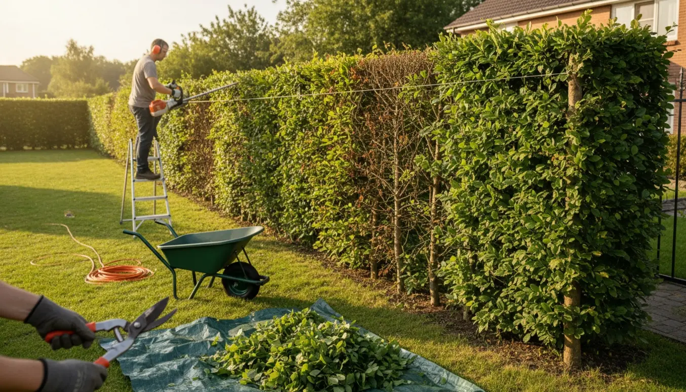 Lang bøgehæk bliver jævnt klippet med stanghækkeklipper langs en hvid snor, afklip samlet på en presenning.