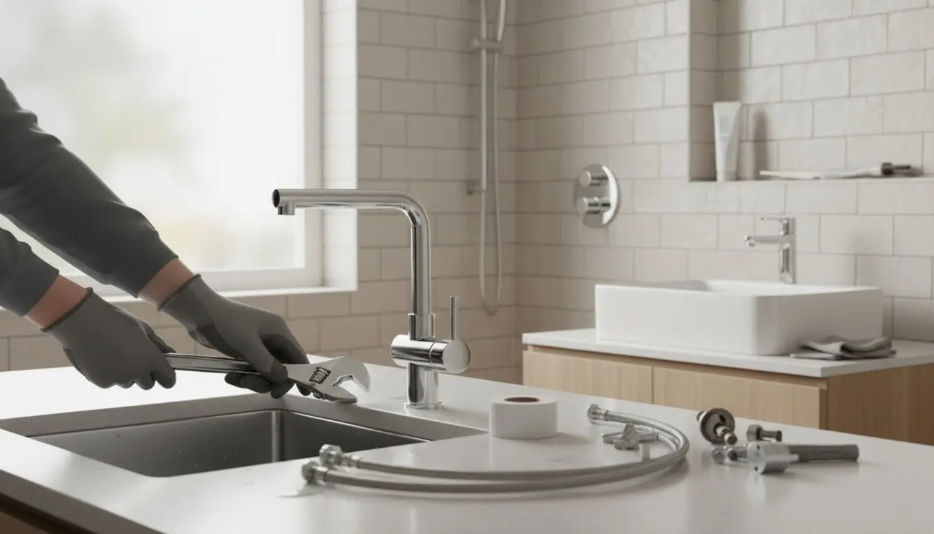VVS'er monterer nye krom blandingsbatterier og bruser i et lyst hjem, kun hænder er synlige.