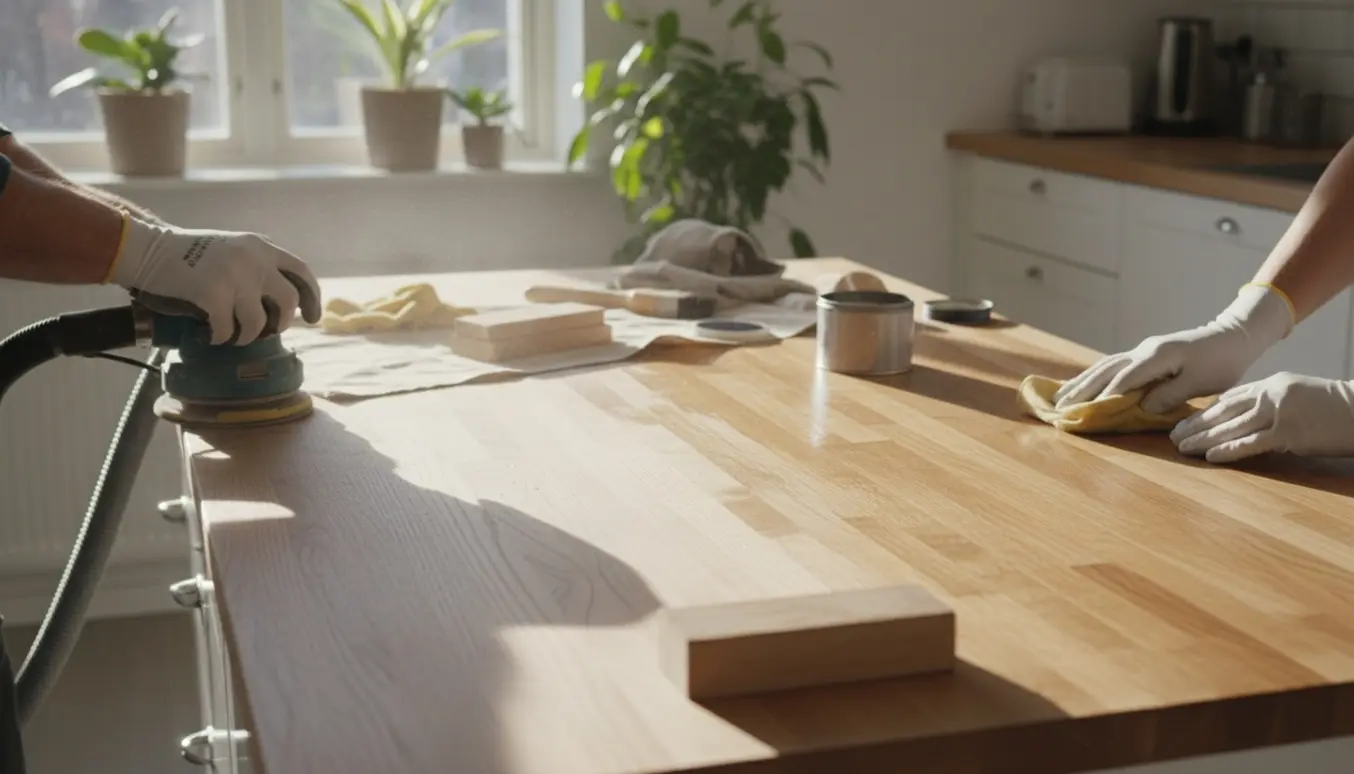 Hænder sliber og oliebehandler et bøgetræskøkkenbord med værktøj og olie ved siden af.