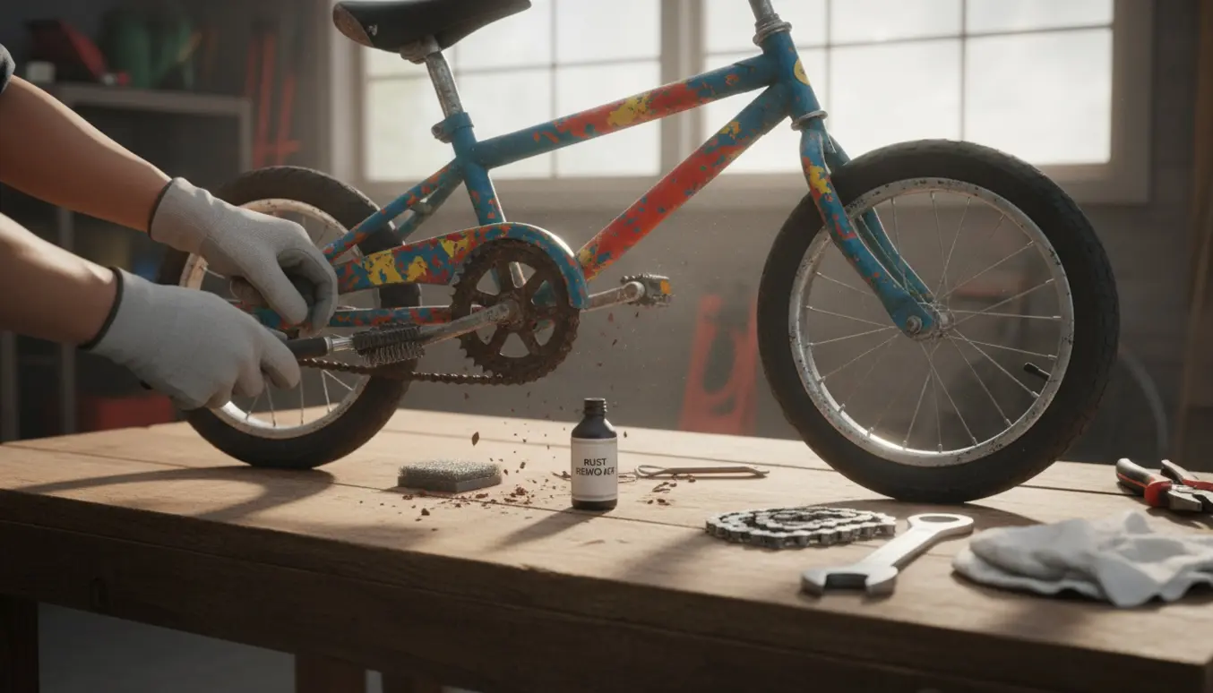 Rustet børnecykel på en værkstedsbænk med handskeklædte hænder, værktøj og en ny kæde klar.