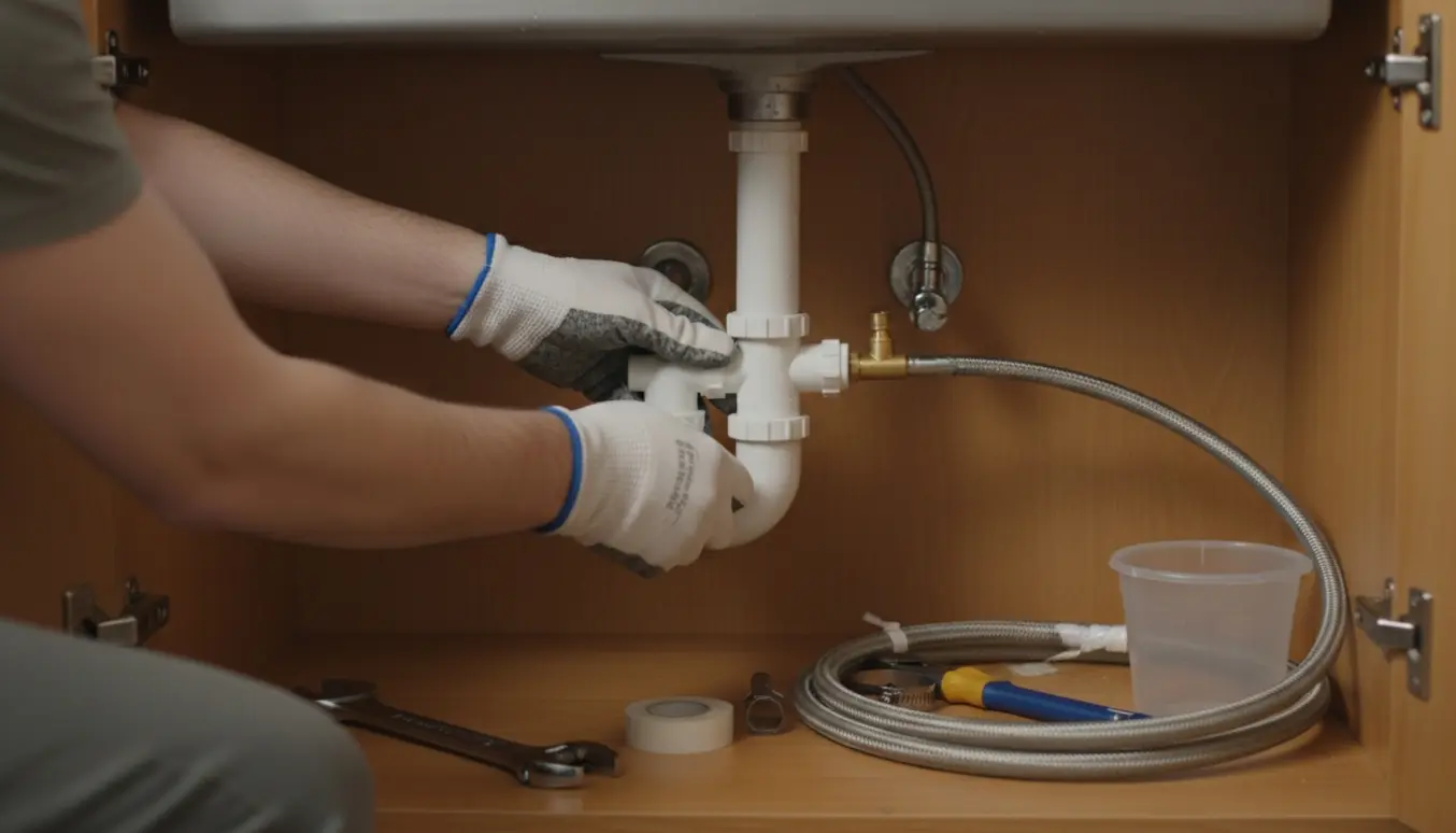 Hænder tilslutter en ny vandlås og T-stykke under køkkenvask til opvaskemaskinens afløb og vandforsyning.