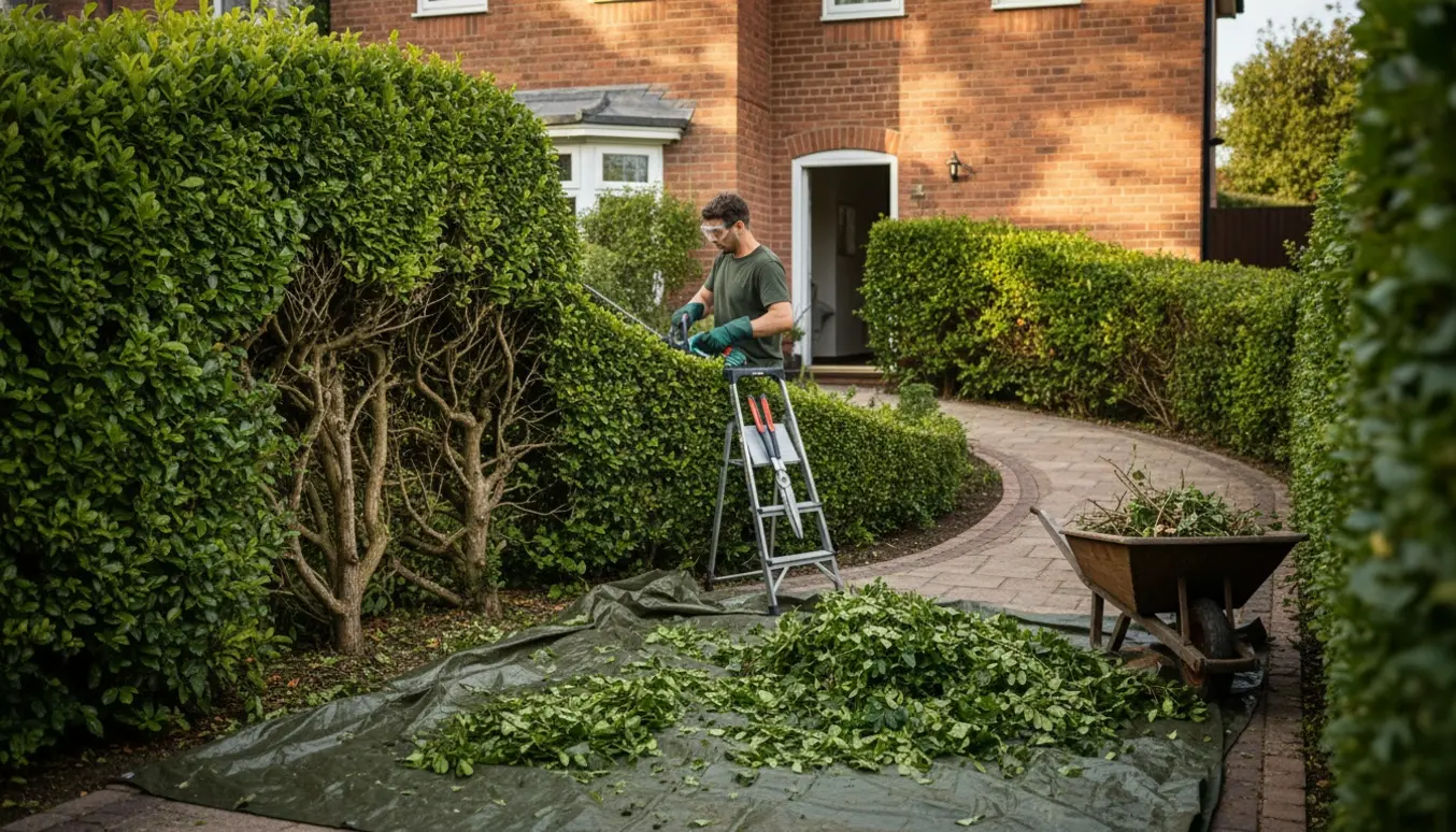 En havearbejder klipper en bøgehæk foran et enderækkehus, med friske kviste på en presenning og en trillebør i sollys.