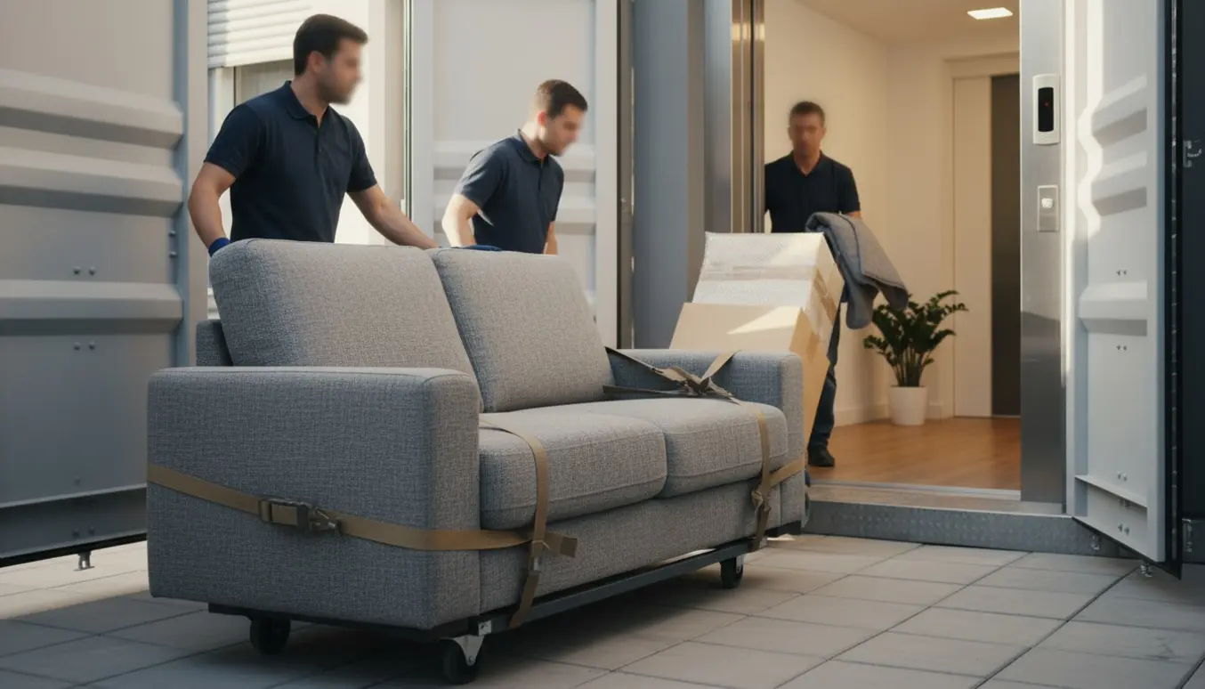Flyttekasser og en 2 m sofa bæres fra en container ind i lejligheden via elevator, uden tydelige ansigter.