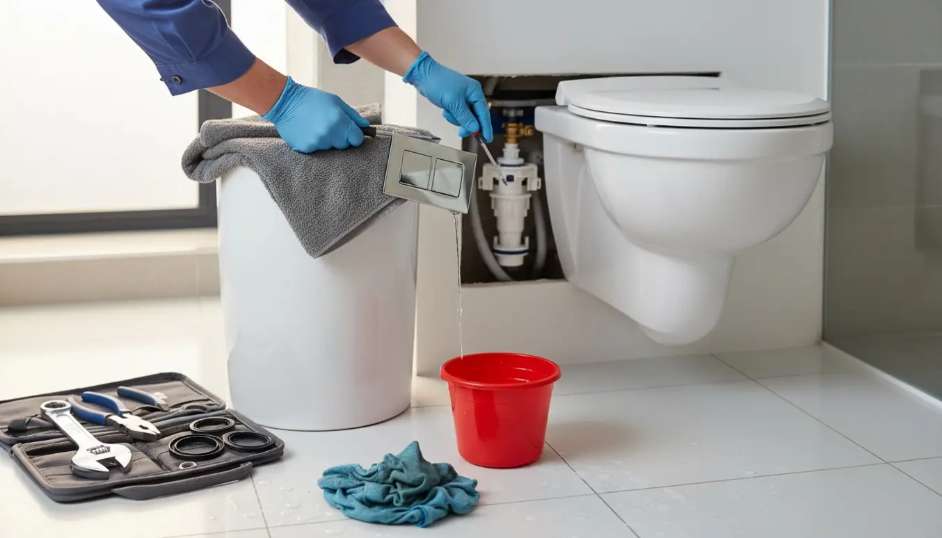 Væghængt toilet med fjernet skyllepanel, handsker og værktøj ved en løbende cistern.