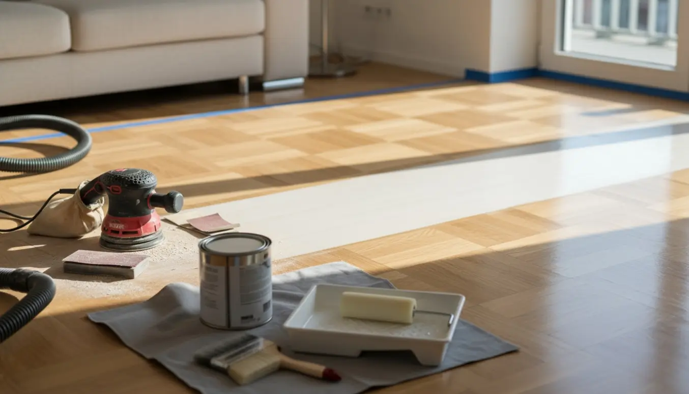 Del af parketgulv slebet, grundet og dækket med et lag PU-gulvmaling med værktøj ved siden af.