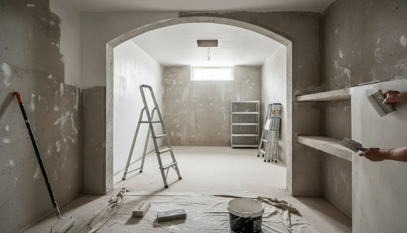 Et tømt kælderrum under istandsættelse med pudsede vægge, nymalet loft og flyttede stålreoler.