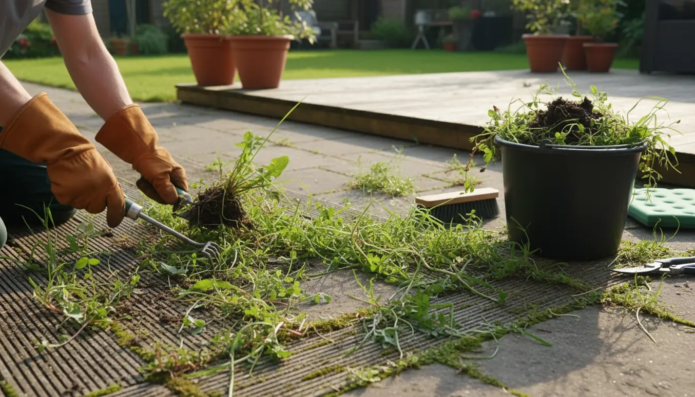 Hænder fjerner ukrudt mellem brædderne på to terrasser, den ene mere overgroet end den anden.