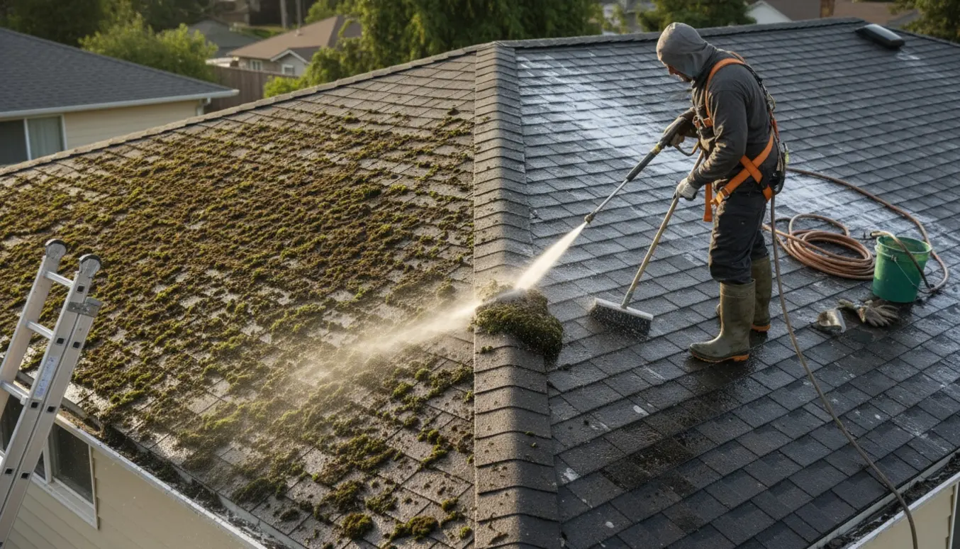 Et skråtag hvor alger og mos blive renset væk, med en tydelig ren og en beskidt side.