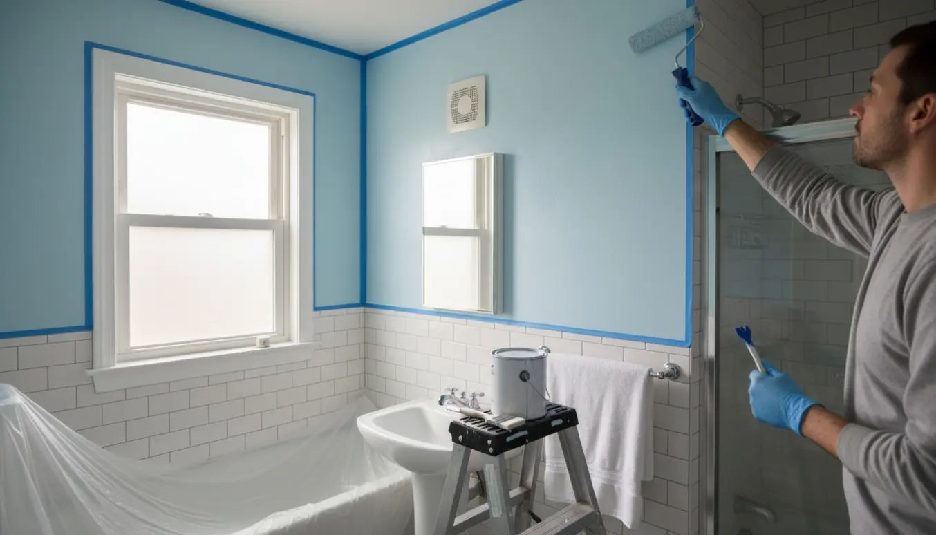 Lille badeværelse under maling med rulle på stang, afdækning og malergrej, ansigter ikke synlige.