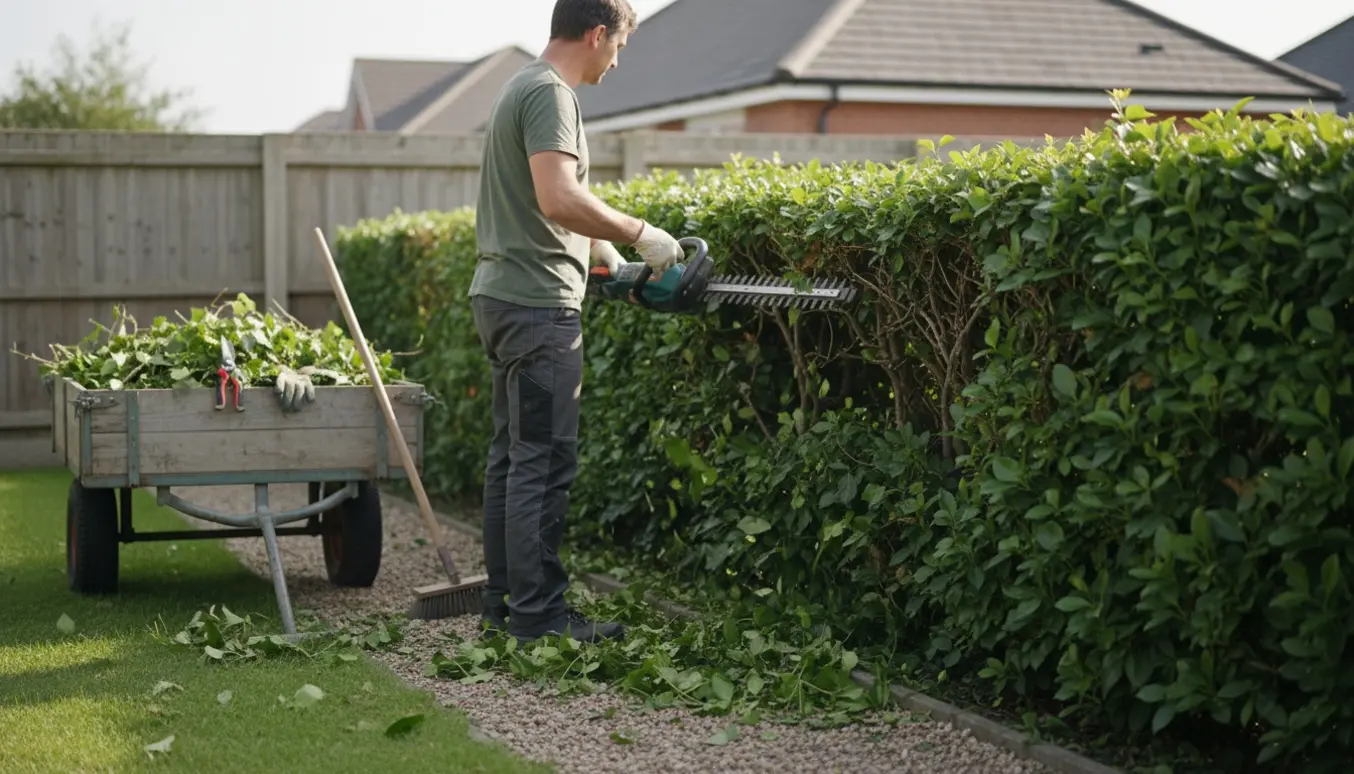 En person trimmer en efeuhæk med afklip samlet i en lille have-trailer.