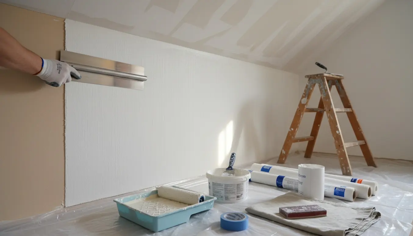 Et lille værelse på 10 m² under spartling og filtning med malerværktøj og et nyligt spartlet gipsloft.
