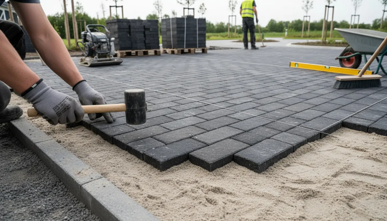 Nærbillede af lægning af sorte indkørselsfliser med gummihammer og synligt stabilgrus ved kanten.