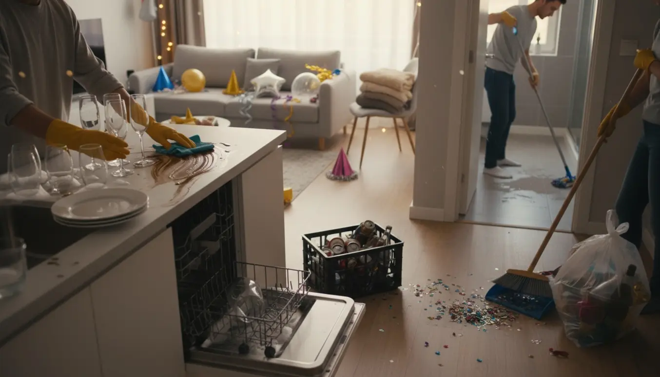 Personer rydder op efter nytårsfest med opvask, dåseindsamling og støvsugning.
